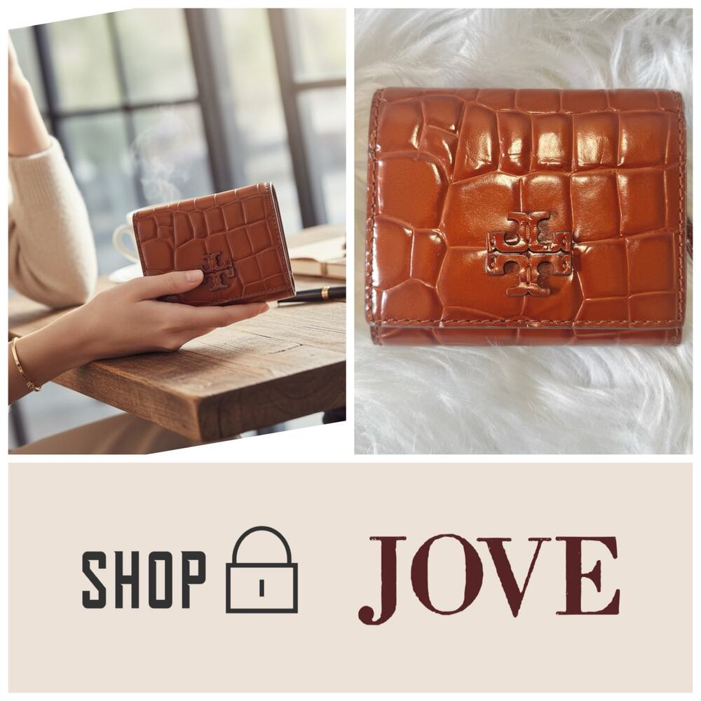 NEW RARE $235 Tory Burch Britten Embossed Crocodile Bifold wallet Amber Brown